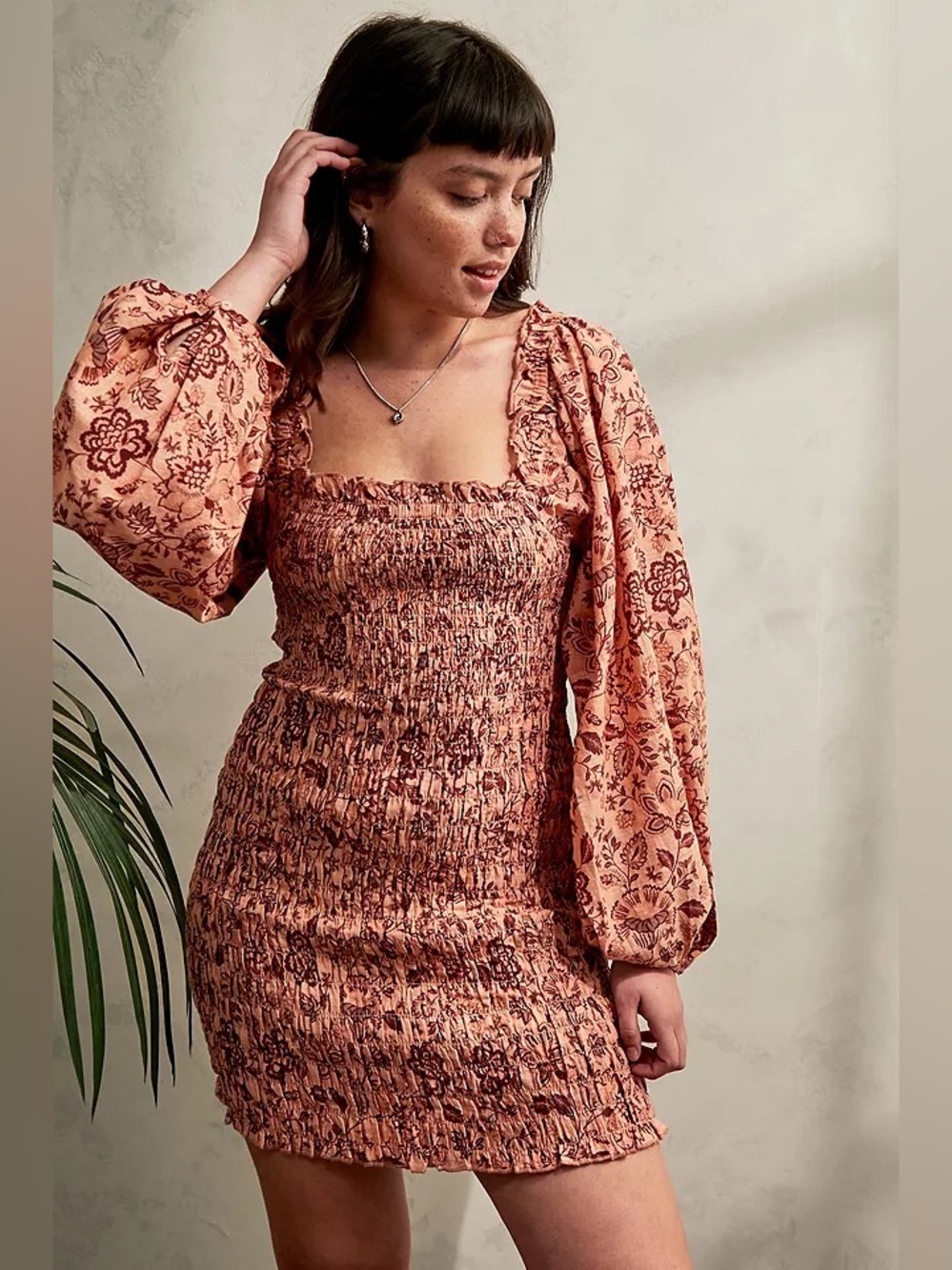 FREE PEOPLE Smock It To Me Mini Dress Flora Puff Sleeve Smocked Romantic Boho S